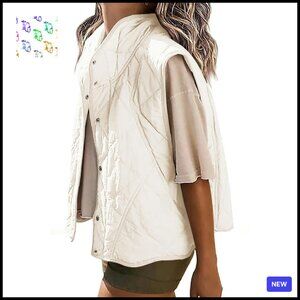 Cropped Quilted Puffer Vest Stand Collar Lightweight Sleeveless Button Down